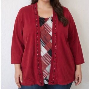 Alfred Dunner Berry Red Knit Open Cardigan